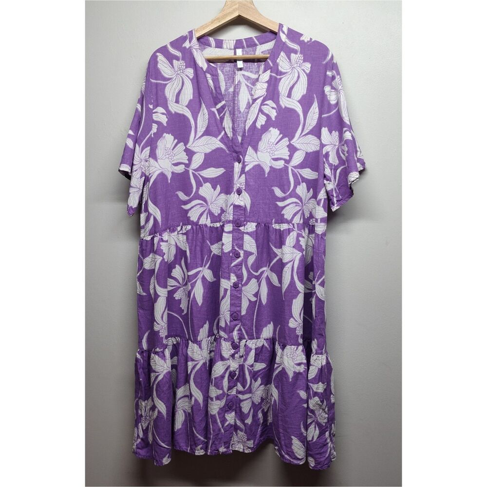 Avella Linen Mini Dress Women Size 16 Purple Floral Short Sleeve Tropical Beachy